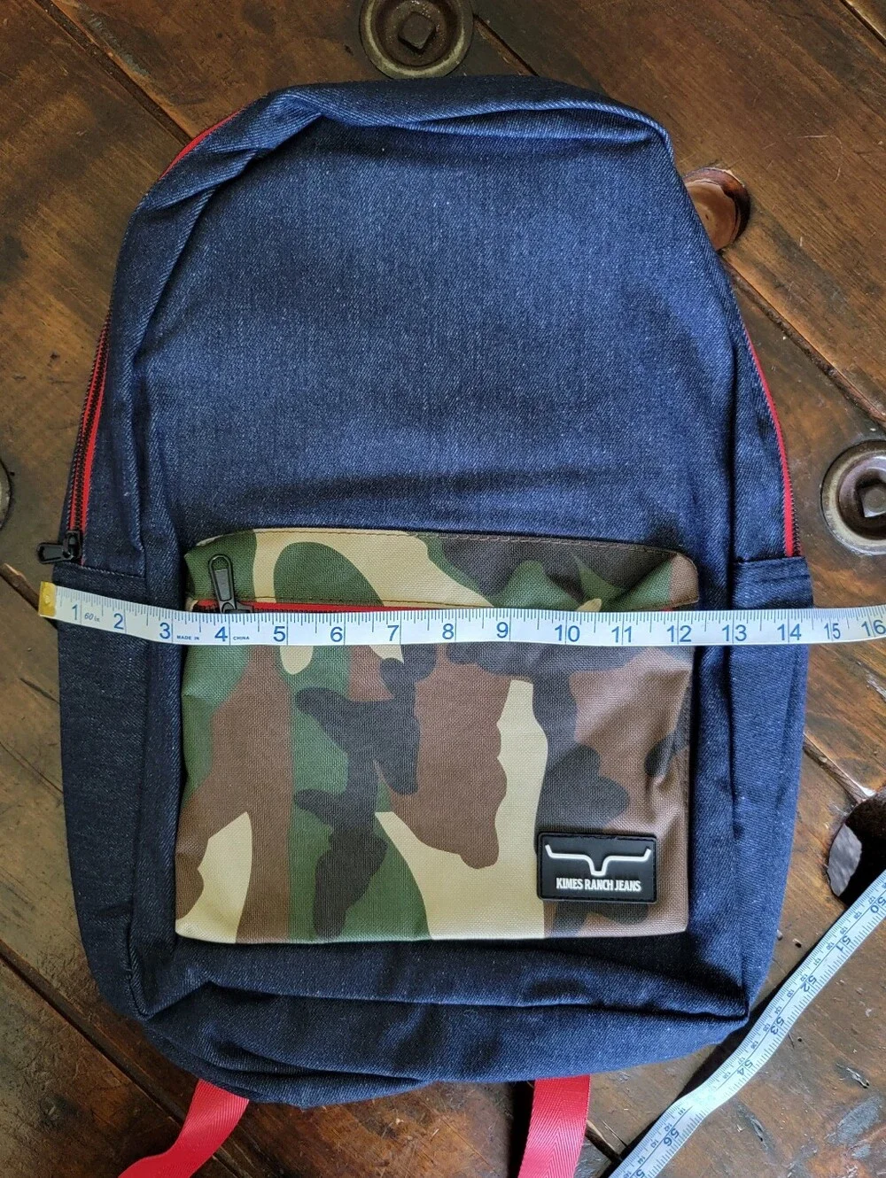 NWOT Kimes Ranch Jeans Denim & Camouflage Backpack with Red Accents